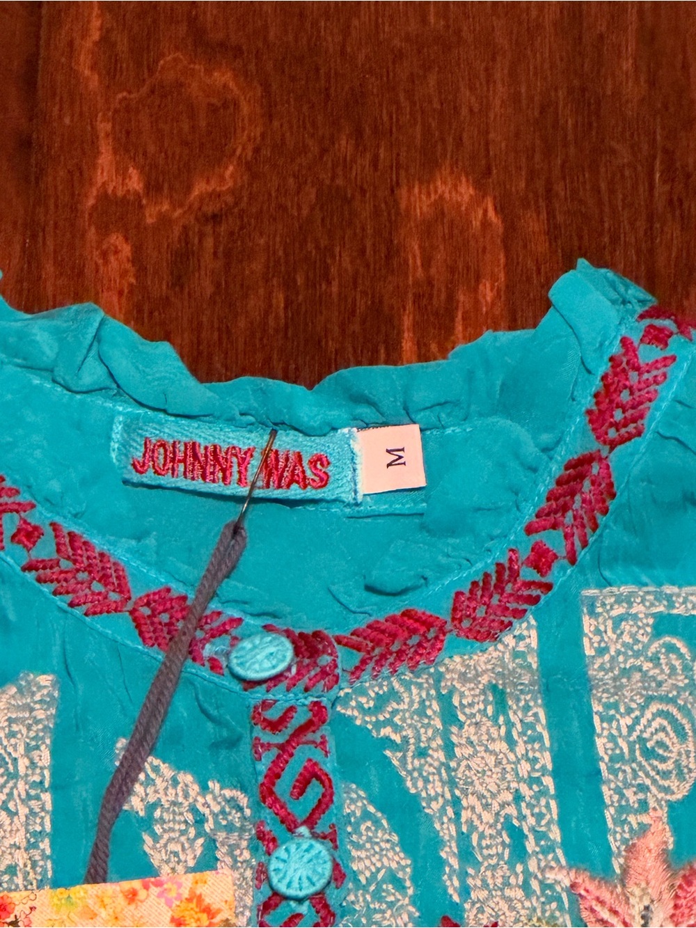 Johnny Was Turquoise Floral Embroidered Tunic Top - Picture 9 of 14